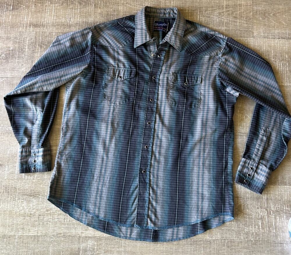 Wrangler Cowboy Western Shirt Mens 17 1/2-36 Plaid Black Pearl Snap Long Tails